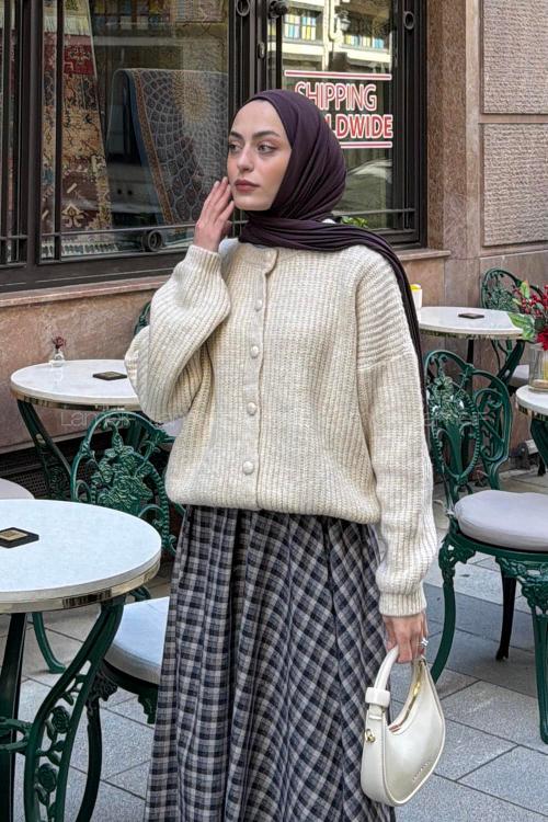 Lamelif Düğme Kapamalı Triko Hırka Ekru