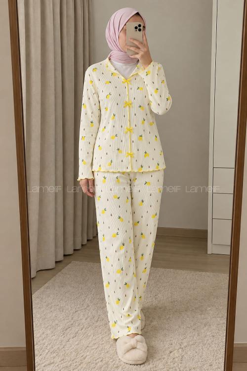 Lamelif Fiyonk Detaylı Ananas Desenli Kaşkorse Pijama Takımı