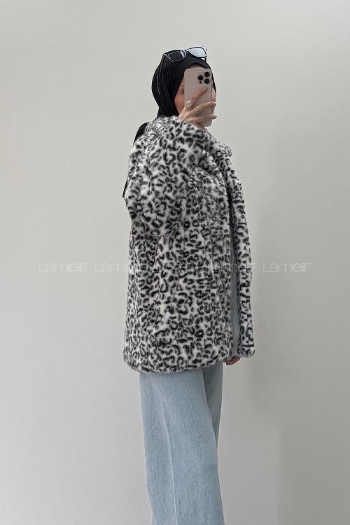 Lamelif Leopar Desenli Kürk Ceket Beyaz