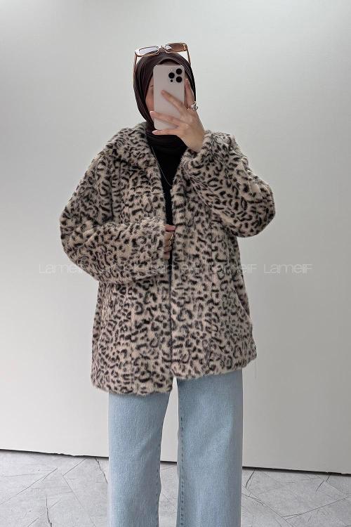 Lamelif Leopar Desenli Kürk Ceket Sütlü Kahve