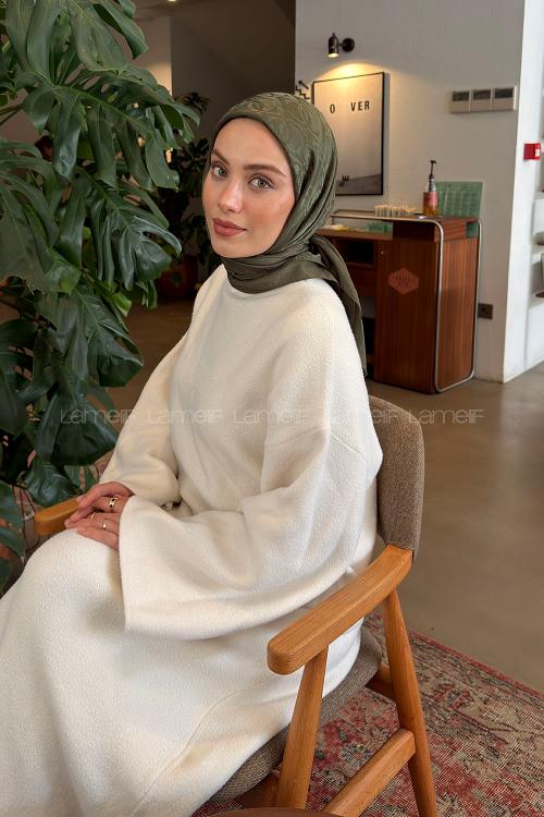 Lamelif CC Desen Ayrobin Floş Jakar Eşarp Haki