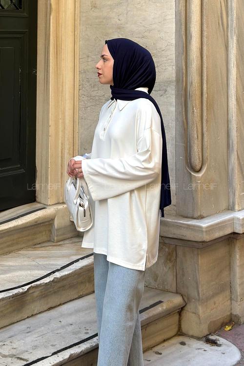 Lamelif Düğmeli Polo Yaka Oysho Kumaş Tunik Ekru