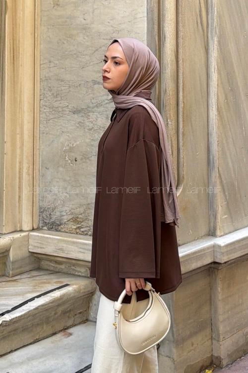 Lamelif Düğmeli Polo Yaka Oysho Kumaş Tunik Kahverengi
