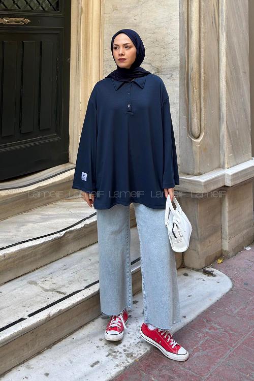 Lamelif Düğmeli Polo Yaka Oysho Kumaş Tunik Lacivert