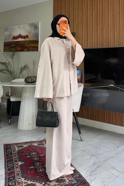 Lamelif Gömlek Yaka Arka Düğme Aksesuarlı İkili Takım Taş Rengi
