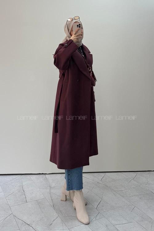Lamelif Kruvaze Yaka Uzun Kaşe Kaban Mürdüm