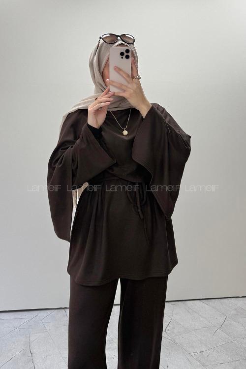 Lamelif Omuz Şal Detaylı İkili Takım Acı Kahve