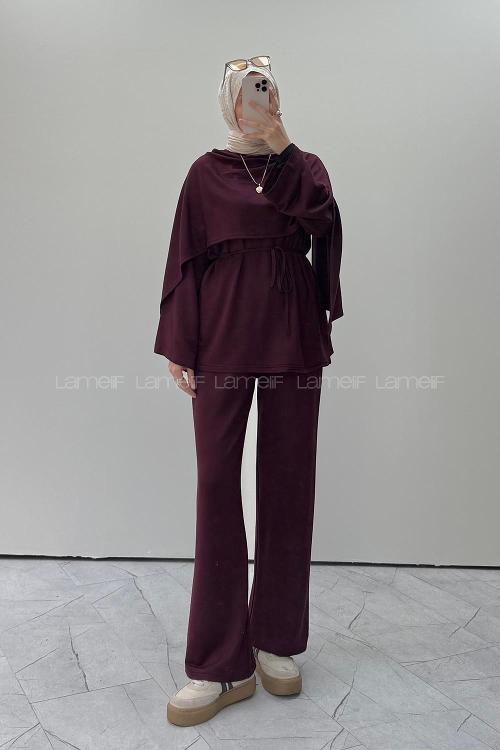 Lamelif Omuz Şal Detaylı İkili Takım Mürdüm