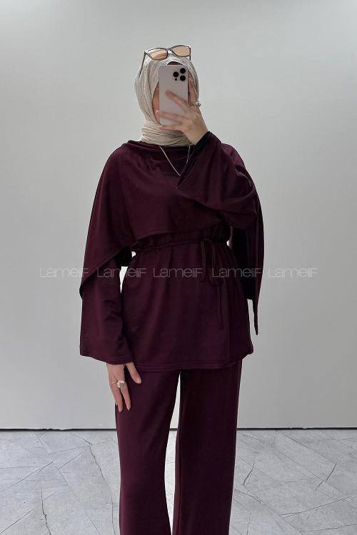 Lamelif Omuz Şal Detaylı İkili Takım Mürdüm