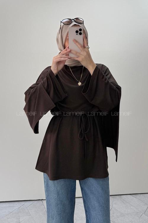 Lamelif Omuz Şal Detaylı Tunik Acı Kahve