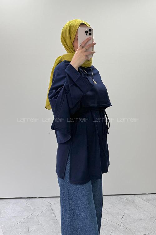 Lamelif Omuz Şal Detaylı Tunik Lacivert