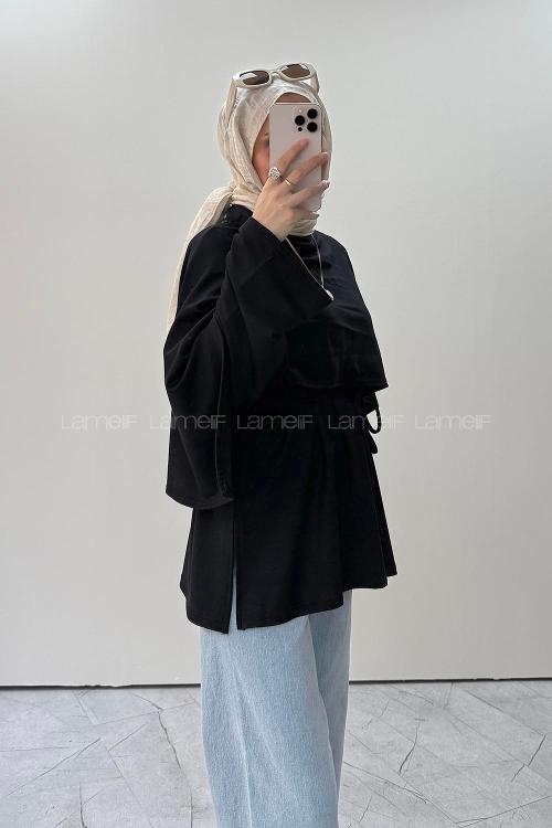 Lamelif Omuz Şal Detaylı Tunik Siyah