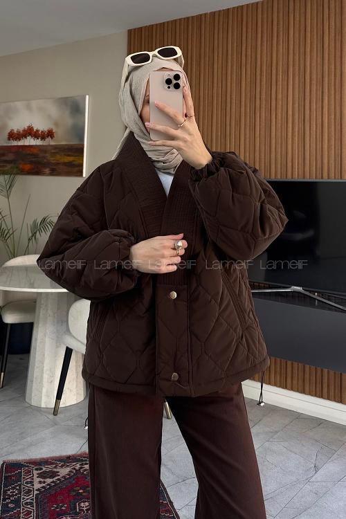Lamelif Derin V Yaka Tasarım Şişme Mont Kahverengi