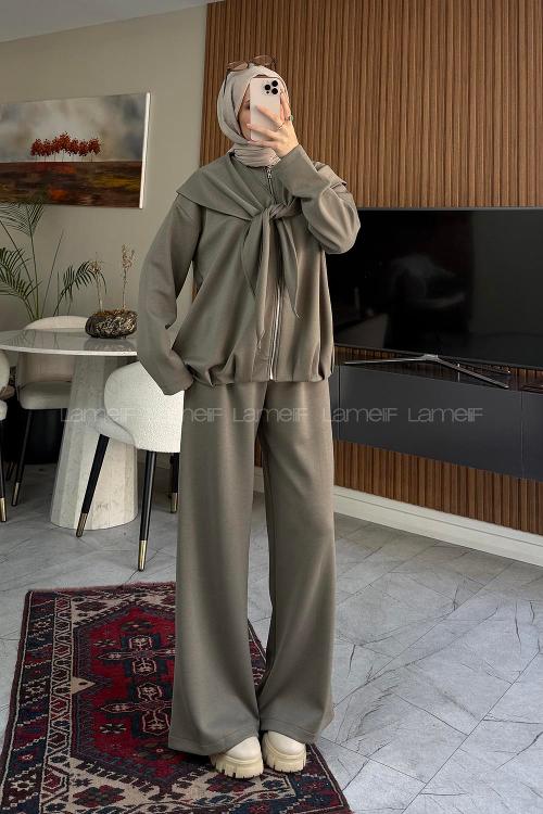Lamelif Şal Detaylı Örme İkili Takım Çağla Yeşili