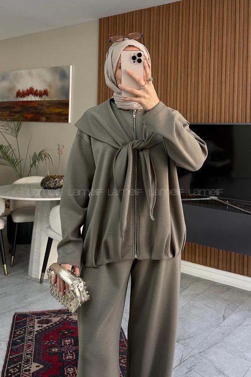 Lamelif Şal Detaylı Örme İkili Takım Çağla Yeşili