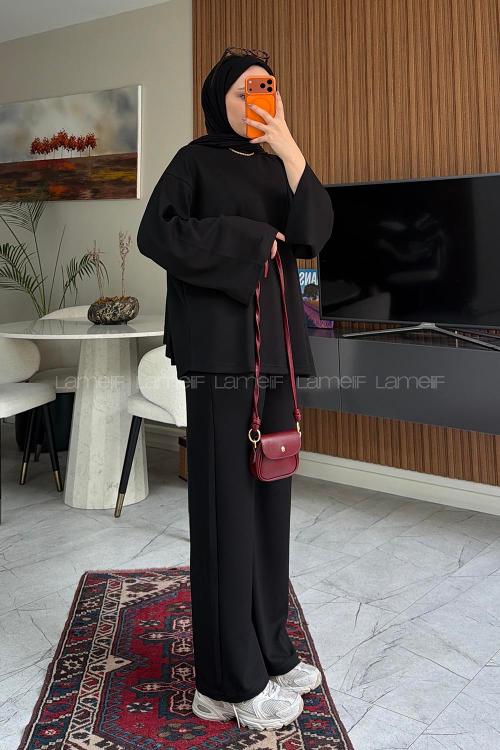 Lamelif Basic Asimetrik Kesim İkili Takım Siyah