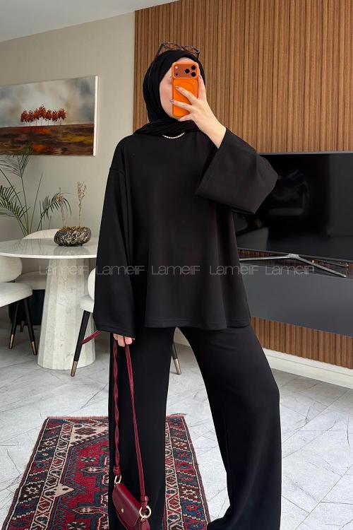 Lamelif Basic Asimetrik Kesim İkili Takım Siyah