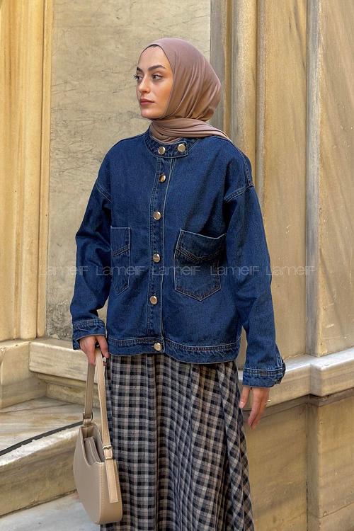 Lamelif Düğmeli Çift Cepli Denim Ceket Mavi