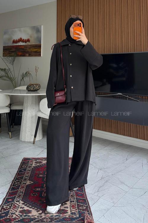 Lamelif Gömlek Yaka Tasarım Düğme Kapamalı İkili Takım Siyah
