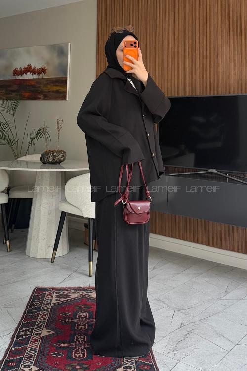 Lamelif Gömlek Yaka Tasarım Düğme Kapamalı İkili Takım Siyah