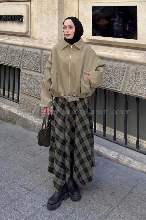 Lamelif Kemer Detaylı Fermuarlı Ceket Asker Yeşili