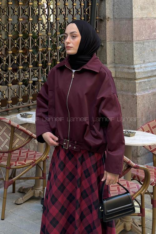 Lamelif Kemer Detaylı Fermuarlı Ceket Mürdüm