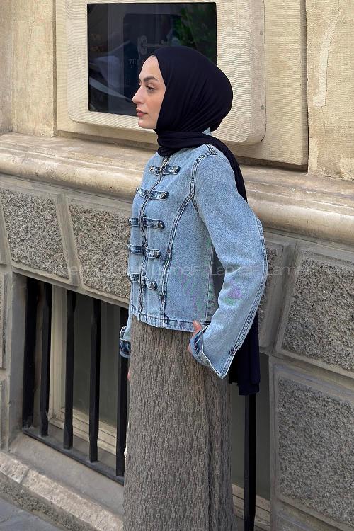 Lamelif Süs Düğme Tasarımlı Kot Ceket Açık Mavi