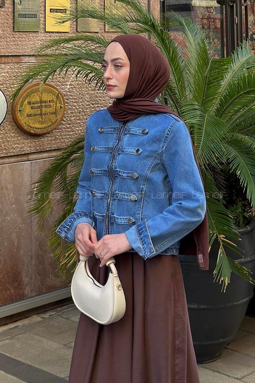 Lamelif Süs Düğme Tasarımlı Kot Ceket Mavi