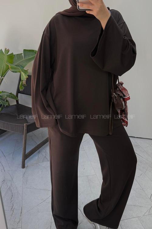 Lamelif Basic Asimetrik Kesim İkili Takım Kahverengi