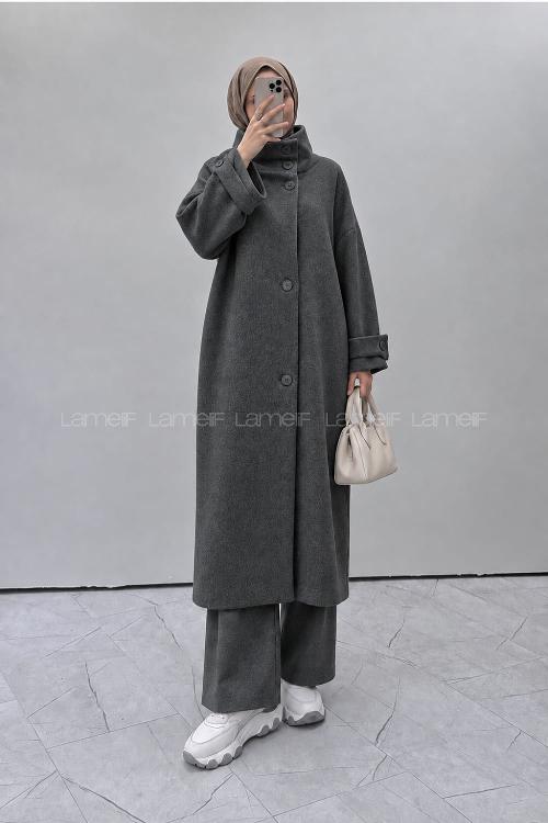 Lamelif Dik Yaka Oversize Kaşe Kaban Antrasit