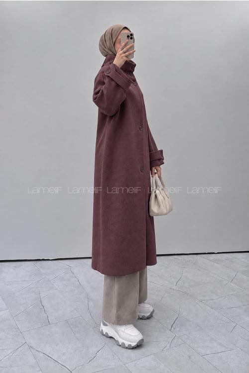 Lamelif Dik Yaka Oversize Kaşe Kaban Mürdüm