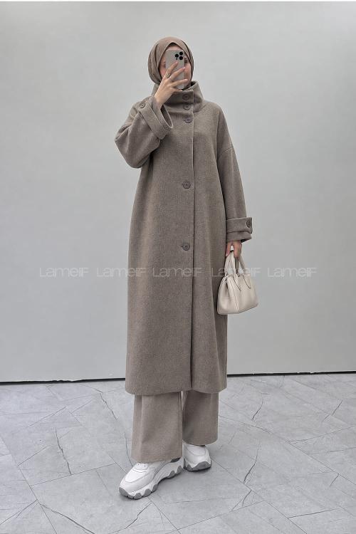 Lamelif Dik Yaka Oversize Kaşe Kaban Sütlü Kahve