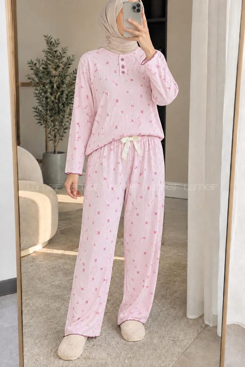 Lamelif Fiyonk Desenli Düğmeli Fitilli Pijama Takımı