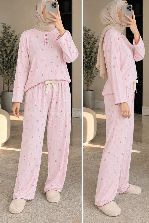Lamelif Fiyonk Desenli Düğmeli Fitilli Pijama Takımı