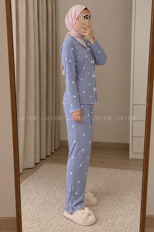Lamelif Fiyonk Detaylı Kalp Desenli Kaşkorse Pijama Takımı