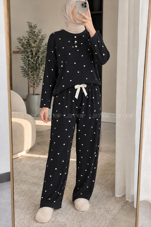 Lamelif Kalp Desenli Düğmeli Fitilli Pijama Takımı