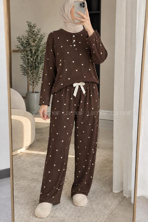 Lamelif Kalp Desenli Düğmeli Fitilli Pijama Takımı