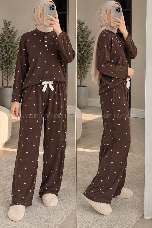 Lamelif Kalp Desenli Düğmeli Fitilli Pijama Takımı