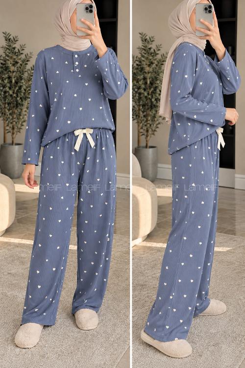 Lamelif Kalp Desenli Düğmeli Fitilli Pijama Takımı