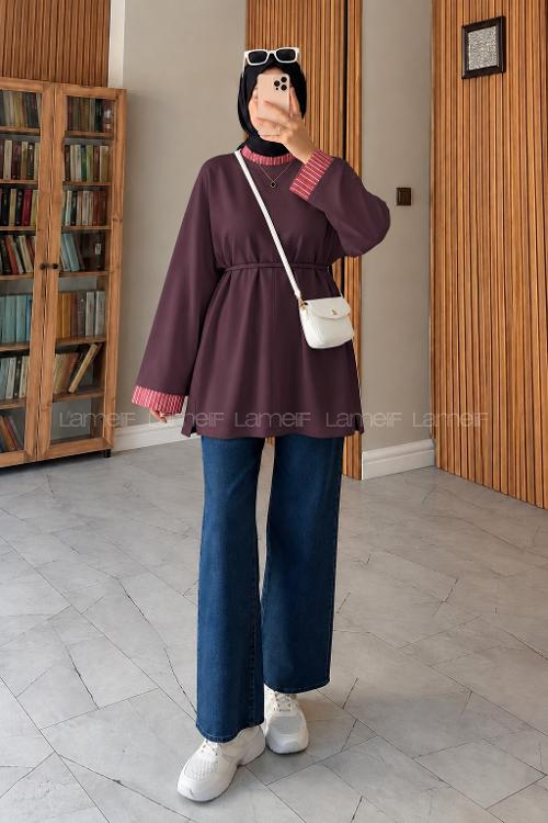 Lamelif Kolları Çizgi Manşet Katlamalı Tunik Mürdüm