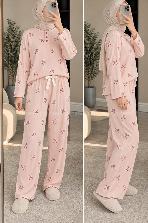 Lamelif Kurdela Desenli Düğmeli Fitilli Pijama Takımı