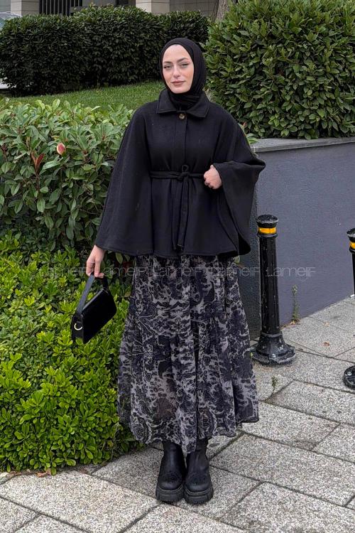 Lamelif Bağlama Detaylı Kaşe Panço Siyah