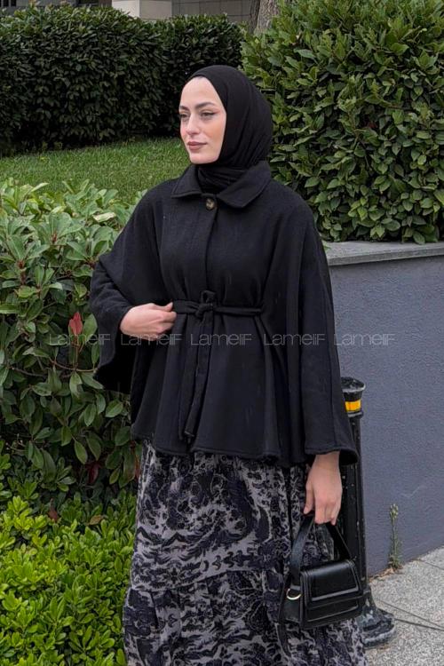 Lamelif Bağlama Detaylı Kaşe Panço Siyah