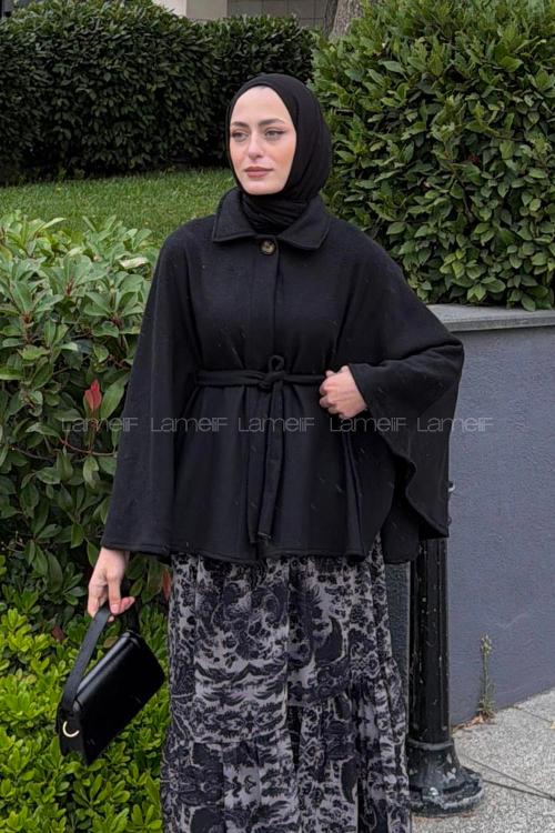 Lamelif Bağlama Detaylı Kaşe Panço Siyah