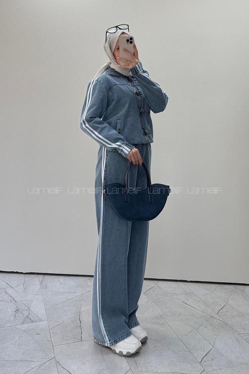Lamelif Biritli Şerit Detaylı Kot Takım Açık Mavi