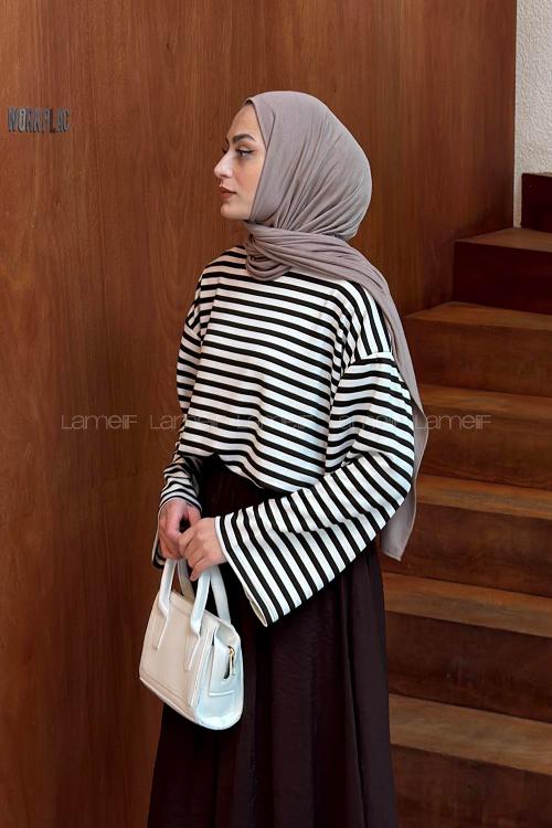 Lamelif Çizgili Oysho Sweat Acı Kahve