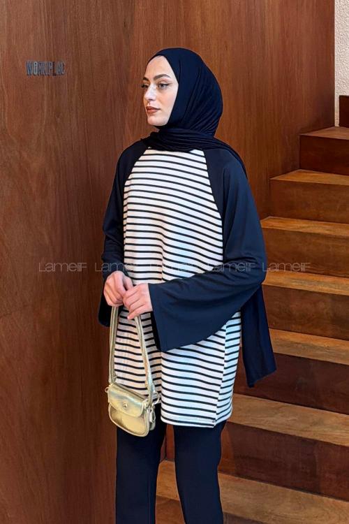 Lamelif Çizgili Oysho Tunik Lacivert