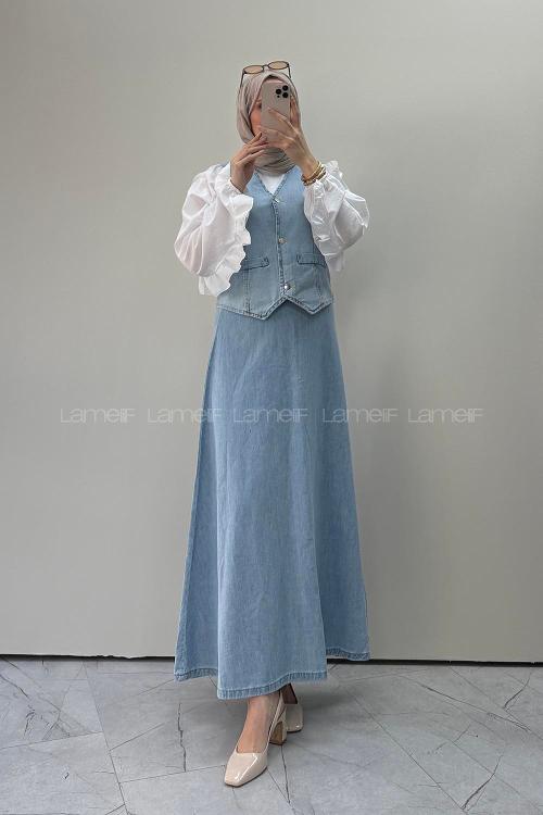 Lamelif Denim Yelek-Etek İkili Tesettür Takım Buz Mavisi