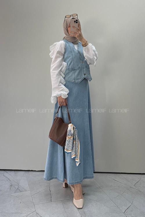 Lamelif Denim Yelek-Etek İkili Tesettür Takım Buz Mavisi