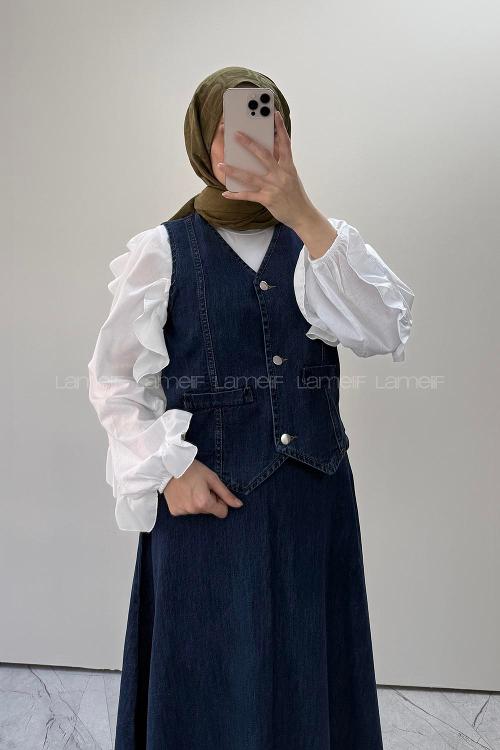 Lamelif Denim Yelek-Etek İkili Tesettür Takım Koyu Mavi